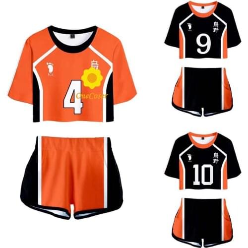Haikyuu Cosplay Short T-shirt No.4 Nishinoya Yuu No.10 Hinata Shoyo No.9 Kageyama Tobio for Women Girls Summer Navel Suits