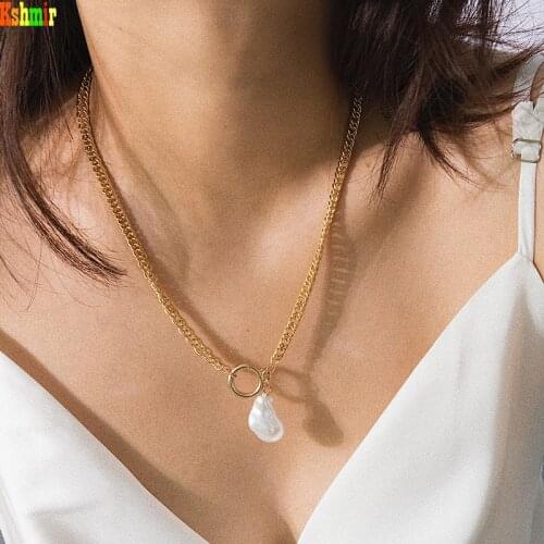 Circle Chain Necklace Female Vintage Abnormity Pearl Necklace Pendant Necklace Imitation Baroque Pearl Kshmir Simple Geometric