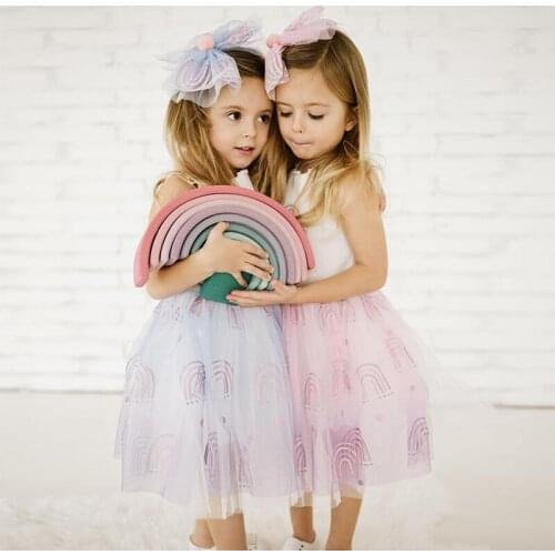 Summer Fashion Lace Rainbow Pattern Princess Dress White Swan Girls Dresses Birthday Party Princess Clothing 3-8 Years