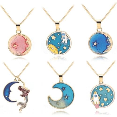 New colorful cartoon ocean starfish Crescent half moon geometry round astronaut space universe sun stars sky necklace jewelry