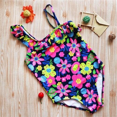 2021 New Childrens One-piece Ruffle Swimsuit Princess Oblique Shoulder Middle Child Swimsuit Print Girls Baby Swimsuit