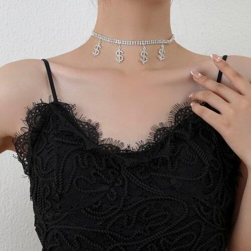 Lost Lady 2021 Kpop Retor Personality $ Dollor Pendant Necklace Sweater Chain Necklace Punk choker Jewelry Tibetan Silver Plated