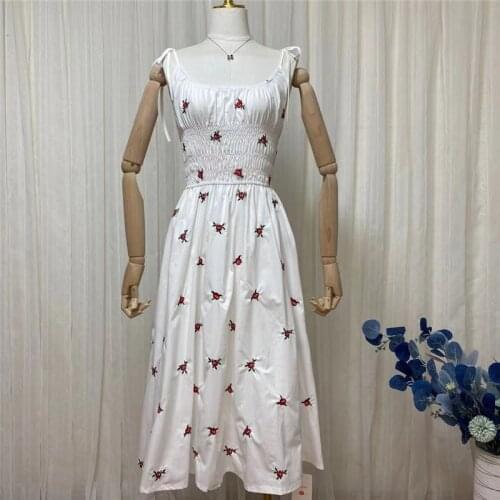 2021 New Fashion Spring Summer Women Lady Sweet Sexy Spaghetti Strap Rose Embroidery White Beach Midi Maxi Dress For Girls S-L