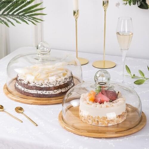 Transparent Glass Cover Fruit Plate Dessert Cake Display Tray Wooden Round Snack Plate Household Tableware Restaurant Supplies