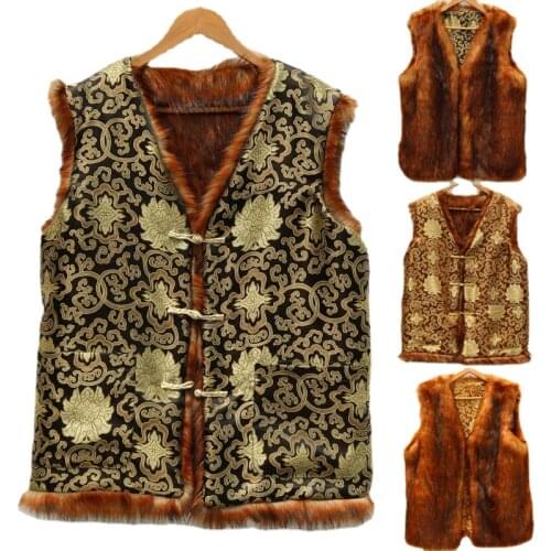 S-6XL Mens Winter Accessories Silk Tang Suit Thick Warm Waistcoat on Both Sides Faux Fox Fur Vest
