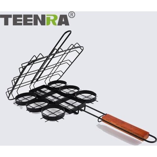 TEENRA Non-stick BBQ Net Clip Hamburg Grilled Meat Fish Clip Portable BBQ Basket Heat-resistant Wooden handle Cooking Tools