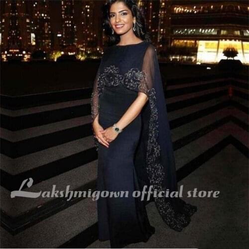Navy Blue Lace Mermaid Arabic Evening Dresses With Cape Floor Length Prom Dress Elegant Mother Of the Bride Dress