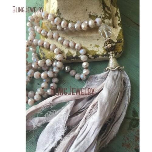 Boho Glam Shabby Style Vintage Necklace Pale Pink Crystal Beads Rondelles Knot Beads Necklace Sari Silk Tassel Necklae NM18290