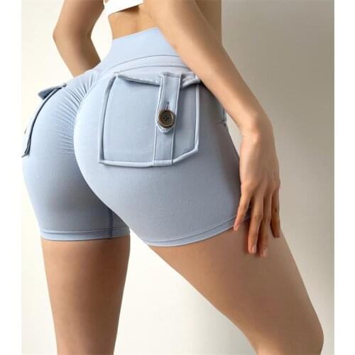 Women Naked Feeling Fabric Pocket Fitness Shorts Sport High-Waisted High Stretch Yoga Shorts Elastic Push Up Workout Tights