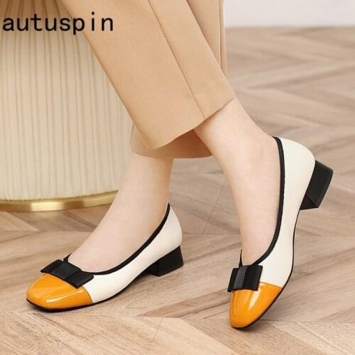 Autuspin Mixed Colors Basic Shoes Women 2021 Autumn Fashion Genuine Leather Shallow Pumps Female Bowknot Decoration Low Heels