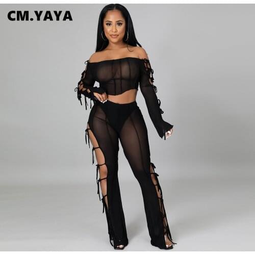 CM.YAYA Women Set Bandage Hollow Out Solid Full Sleeve Slash Neck Crop Tops Skinny Pants Two 2 Piece Sets Sexy Outfits Autumn
