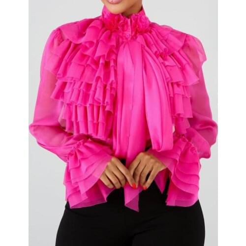 2020 Women Flared Sleeve Stand Collar Multi-layer Pleated Hem Scarf Chiffon Blouse Solid Long Sleeve Chiffon Vintage Tops