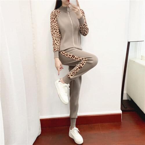 Early 2020 Autumn suit womens new knitted cardigan leopard coat two-piece sweater casual suit
