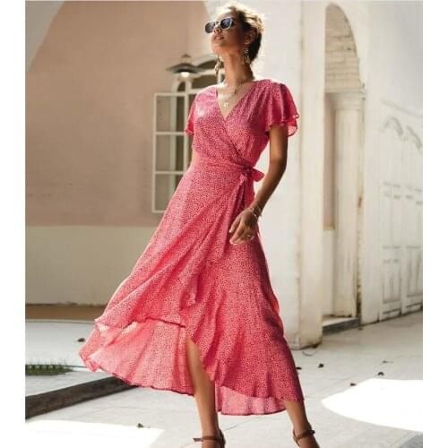 Boho Floral Women Maxi Dress V Neck Split Beach Sexy Long Dress Belt Elegant Party Summer Dress Vestidos Robe Femme CL14