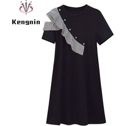 Plus Size 4XL Womens Dresses 2021 Summer Dress Woman Rivet Ruffles Black Dress Loose Off The Shoulder Cotton Robe Dress KE1497