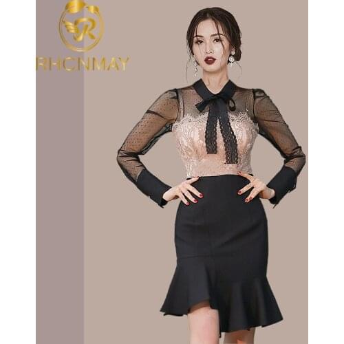 Elegant Summer New Korean Style Ladies Mini Sexy Dress For Women See-Through Mesh Patchwork Ruffle Bodycon Office Clothes