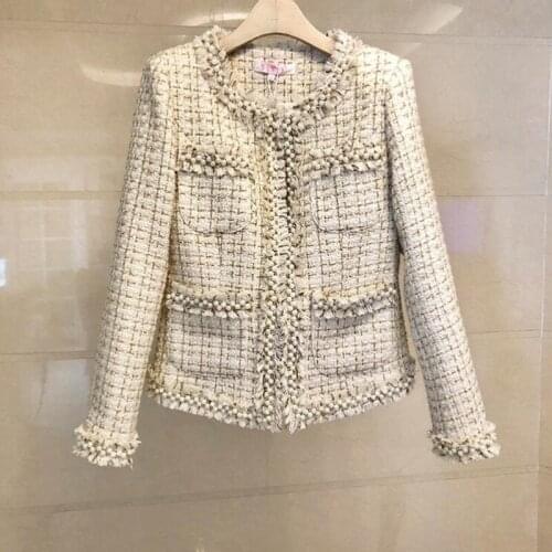 Tweed Jacket Wool Coat 2021 Autumn Women Beading Long Sleeve Fringed Trim Tassels Golden Silk Runway Coats Chic Jackets Women
