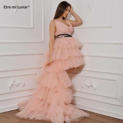 2021 Pink High Low A-Line Evening Dress Ruffles Tiered Sexy V-neck Tutu Prom Dress vestido de noche L4246