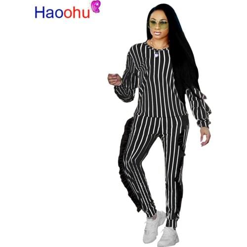 Winter Women Sets Sportswear Striped Print Top+ Pants Suits Ruffles Two Piece Set Night Club Tracksuits Fitness Outfits
