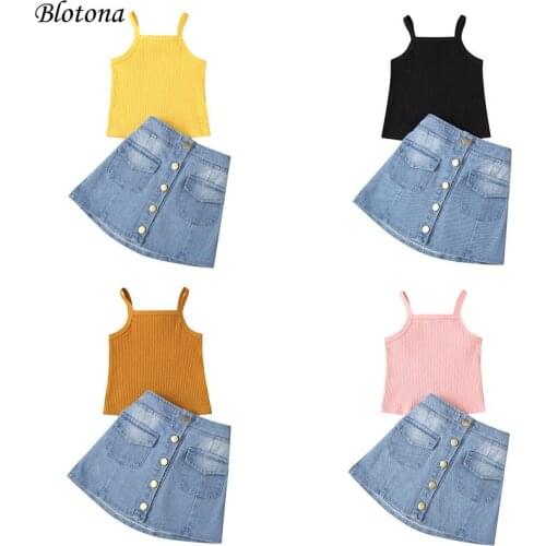 Blotona Stylish Girls 2Pcs Set, Childrens Solid Color Ribbed Sleeveless Vest Denim Skirt with Pockets for Summer 1-5Years