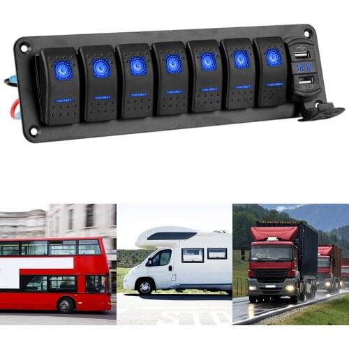 DC 12V/24V 7 Gang LED Toggle Rocker Switch Panel Car Truck Bus Ship Marine Circuit Breaker Digital Voltmeter Dual USB Chargers