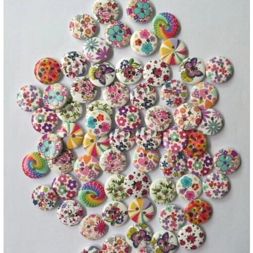 50Pcs 2 Holes Wood Buttons Craft Handmake Scrapbooking Sewing Clothing Accessories 15mm Buttons Flower Painted Sewing Crafts