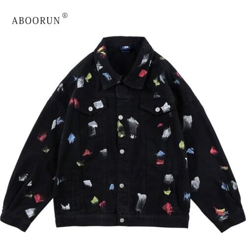 ABOORUN Mens Fashion Hand Painted Graffiti Denim Jackets Hip Hop Black White Jacket Streetwear for Couples