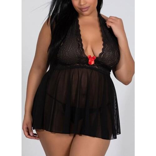 Erotic Lingerie Plus Size S-5XL Women Lace Solid Bowknot Halter Sleepwear With G-string Perspective Racy Nightdress Langerie