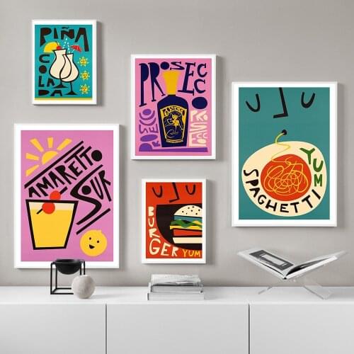 Cartoon Fruit Juice Rum Burger and Chips Canvas Painting Wall Art Nordic Posters and Prints Wall Pictures for Living Room Decor
