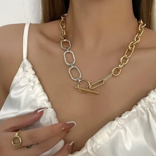 Flashbuy Fashion Copper Chain Necklace for Women Chunky Geometric Rhinestone Alloy Pendant Choker Necklaces Jewelry