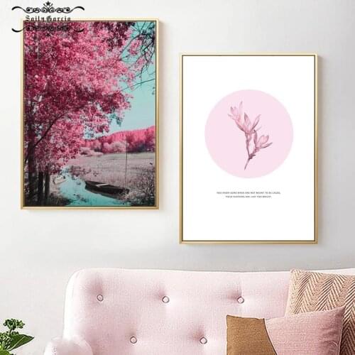 Pink Landscape Poster House Tree Boat River Window Prints Wall Art Canvas Painting Nordic Wall Pictures for Living Room Decor