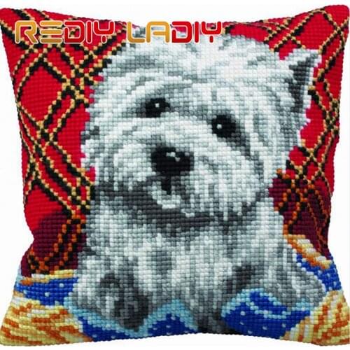 REDIY Cross Stitch Cushion Cover TECKEL Pillow Case Acrylic Yarn Cross-Stitch Kits Pre-Printed Dog Cushion WESTIE Car Pillows