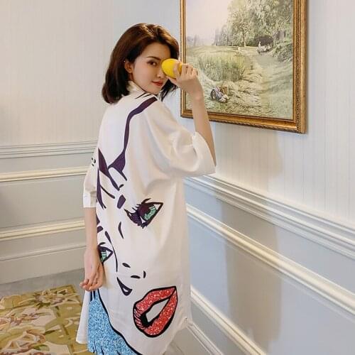 Autumn Fashion Large White Silk Shirt Nightdress Casual Printed Pattern Home Sleep Wear Women Summer Soft Homewear Sleep Tops