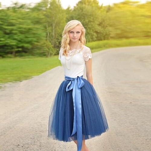 Simple Elegant Blue Skirts Ribbon Trim Tulle Ruffles Bow Knee Length Skirt To Birthdy Party Custom Made