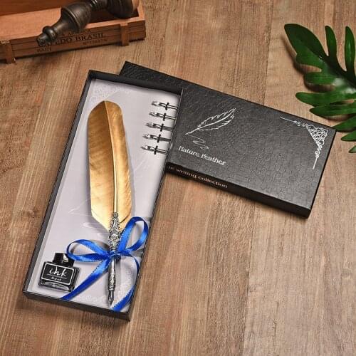 Gold Feather Pen Metal Fountain pen Inserted Ink Set Vintage Silver Feather Pen Student Office Supplies Valentines Day Gift