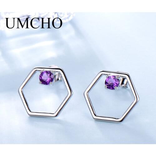 UMCHO Natural African Amethyst Stud Earrings For Women Solid 925 Sterling Silver Jewelry Purple Genuine Gemstone Birthstone Gift