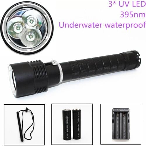 Waterproof Aluminum 10W Ultraviolet 3 x UV LED Light Lantern Diving Flashlight 395nm Torch 18650 Batteries Charger