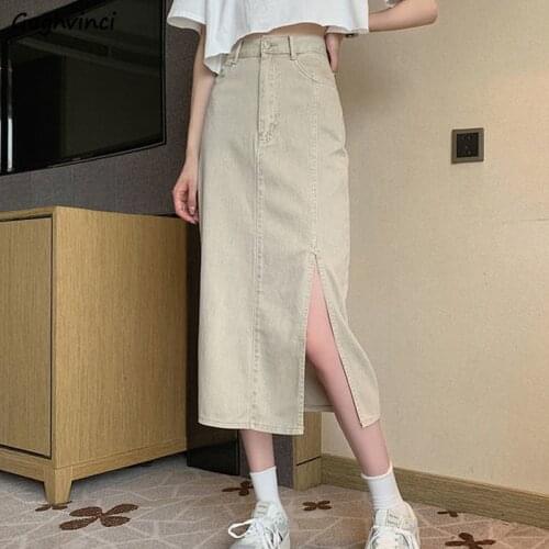 Women Skirts Solid Fashion Side-slit Design Teens High Waist Slim Spliced Chic Vintage All-match Streetwear A-line Ulzzang Retro