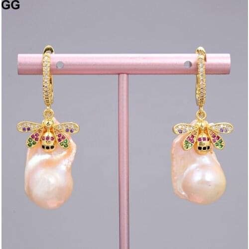 GuaiGuai Jewelry 20x30MM Natural Pearl Cultured Pink keshi Pearl Cz pave Insect Lever back Earrings