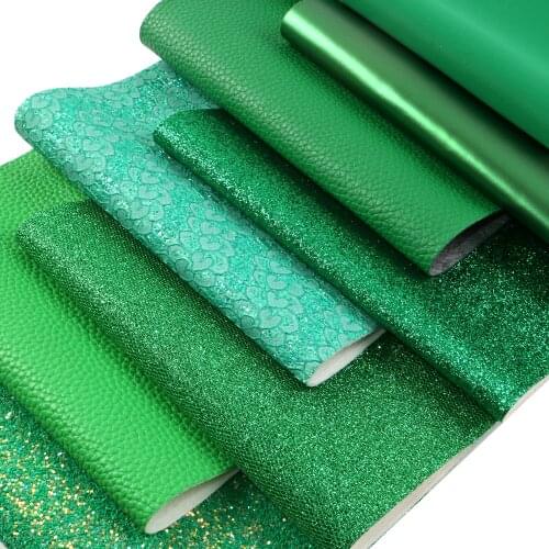 Green Series Shimmer Chunky Glitter Faux Leather Sheets Glossy Lace Velvet Synthetic Leather Fabric A4 Size for DIY Crafts