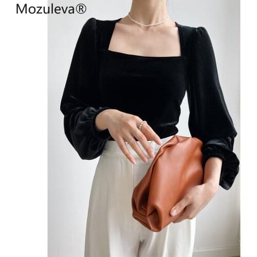 Mozuleva 2021 Summer Autumn Female Sexy Golden Velvet Shirts Tops Casual Puff Sleeve Lace Up Women Stylish Blouse Shirts