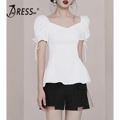 INDRESSME 2019 Two Piece Women Office Lady Sets Solid White Sashes Lace Top Solid Black Lace Mini Shorts Sets