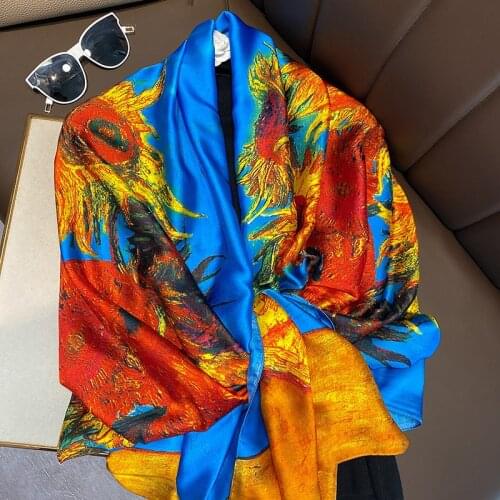 Van Gogh Oil Painting Silk Scarf Women Luxury Brand Sunflower Print Shawl Femme Summer Beach Sunscreen Wraps Long Hijab Foulard