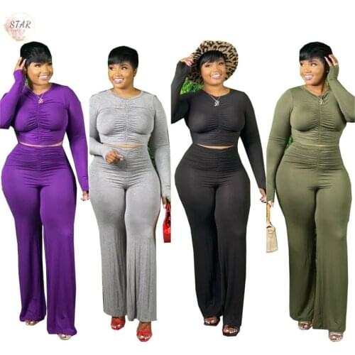 Plus Size 4xl 5xl Two Piece Set Women Tracksuits Stretch Draped Crop Top Baggy Flared Pants Home Clothes Wholesale Dropshipping