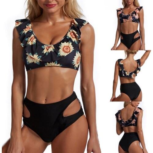 Womens High Waist Bikini Sexy Print Ruffle Swimsuit 2 Piece Set