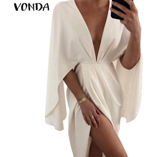 Summer Dress 2021 VONDA Women Sexy Deep V Neck Half Sleeve Office Dresses Bohemian Sundress Casual Vestido Femme Robe