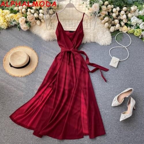 ALPHALMODA 2020 Summer Women V-neck Front Slit Sashes Casual Flounced Dress Sexy Split Solid Ladies Fashion Dress