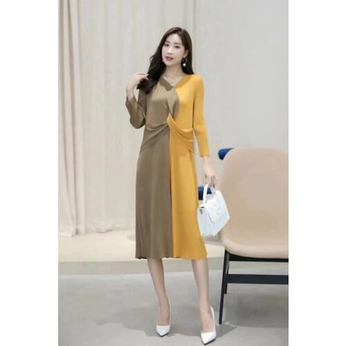 2021 New Miyake Pleat Temperament Elegant Splice Casual Womens Long Dress Spot Ginger Black Red Green Coffee