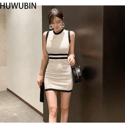 2021 Korean Summer New Womens Round Neck Color Matching Sexy Slim Knit Sleeveless Bag Hip Fashion Elegant Dress