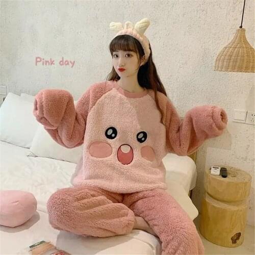 Winter Warm Pink Pajama Set For Women 100% Velvet Home Flannel Sleepwear Cartoon Kawaii Fashion Soft Plush Nightwear 2pcs Suit